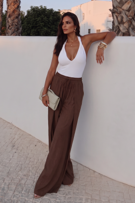 Široke ženske pantalone sa visokom strukom i vezicama TAMERIANA BROWN