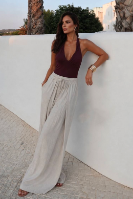 Široke ženske pantalone sa visokom strukom i vezicama TAMERIANA GREY