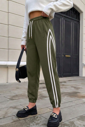 sportske ženske pantalone sa učkurima i dekorativnim bočnim trakama BERLETA KHAKI