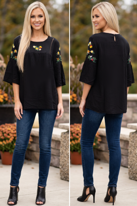 elegantna bluza sa floralnim akcentima i A kroja rukavima LUSARIE BLACK